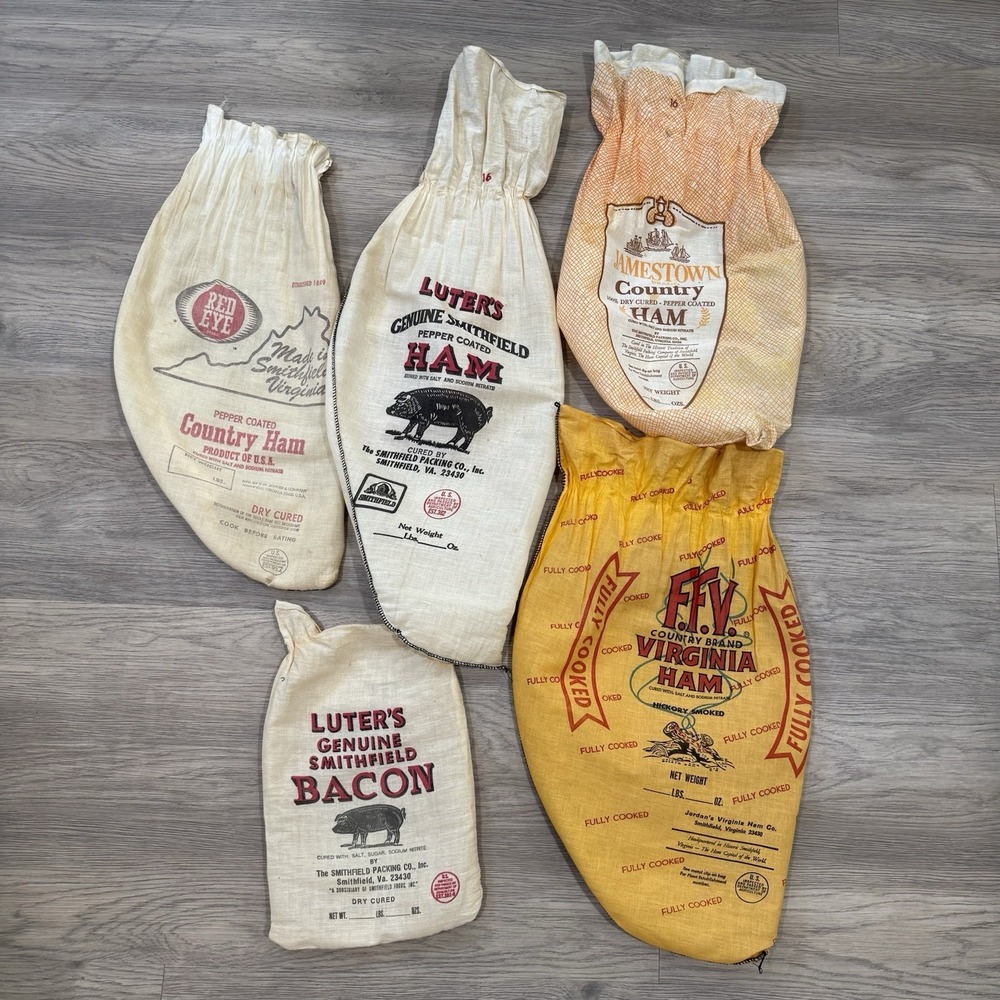 Lot of 5 Vintage Smithfield Virginia Ham & Bacon Cloth Advertising Bags